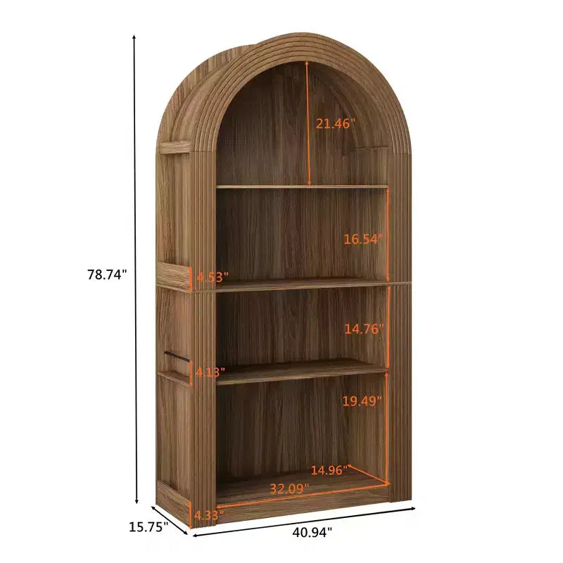 Libreria alta ad arco a 4 ripiani stile Mid-Century, vetrina in legno con ripiani a giorno per ufficio, salotto