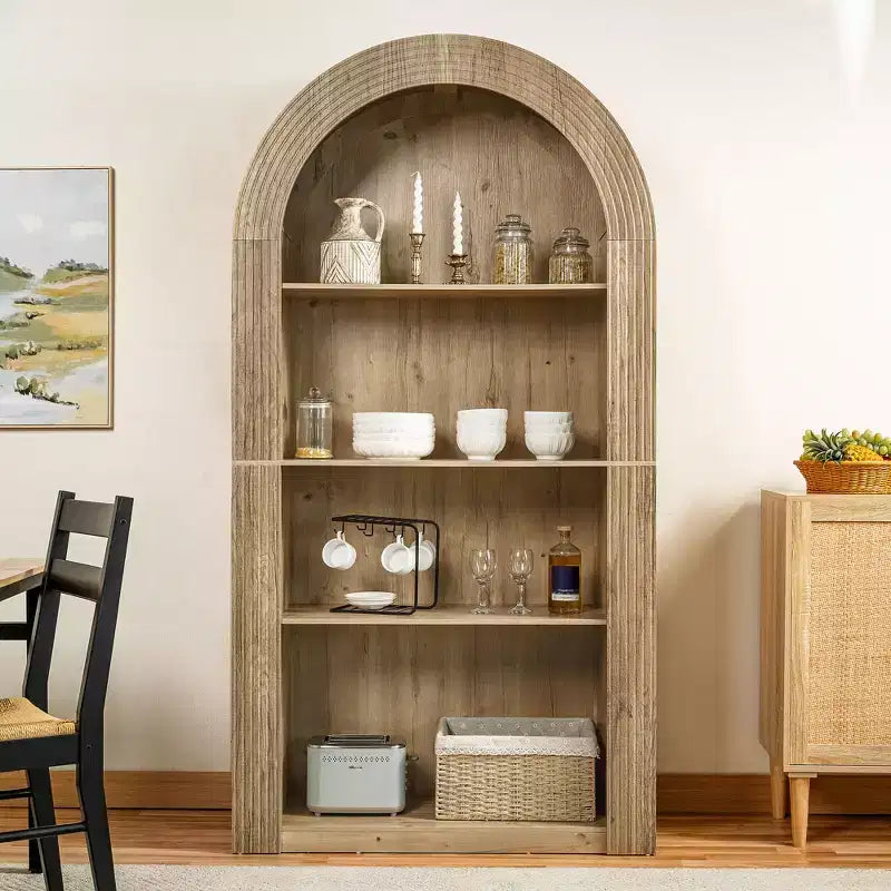 Libreria alta ad arco a 4 ripiani stile Mid-Century, vetrina in legno con ripiani a giorno per ufficio, salotto