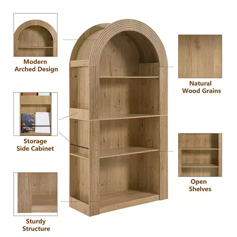 Libreria alta ad arco a 4 ripiani stile Mid-Century, vetrina in legno con ripiani a giorno per ufficio, salotto