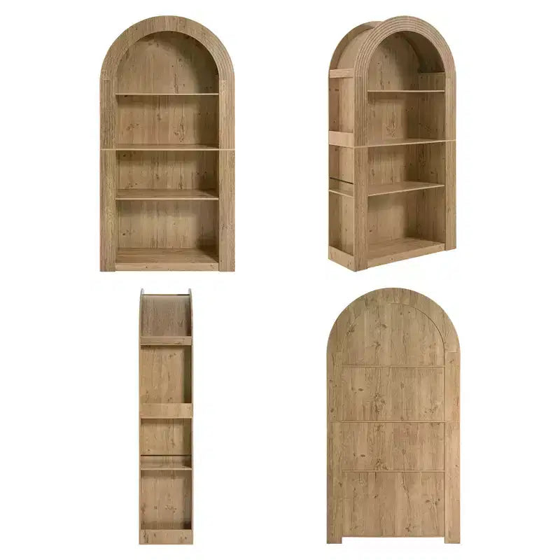 Libreria alta ad arco a 4 ripiani stile Mid-Century, vetrina in legno con ripiani a giorno per ufficio, salotto
