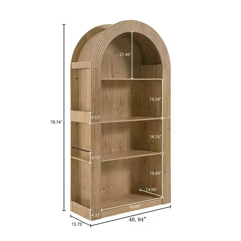 Libreria alta ad arco a 4 ripiani stile Mid-Century, vetrina in legno con ripiani a giorno per ufficio, salotto