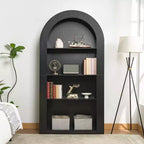 Libreria alta ad arco a 4 ripiani stile Mid-Century, vetrina in legno con ripiani a giorno per ufficio, salotto