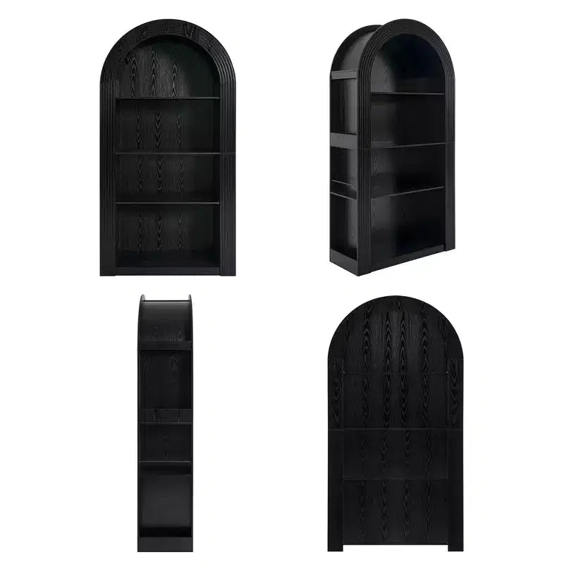 Libreria alta ad arco a 4 ripiani stile Mid-Century, vetrina in legno con ripiani a giorno per ufficio, salotto