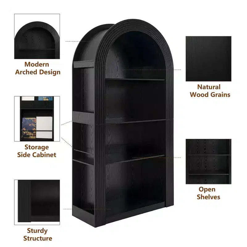 Libreria alta ad arco a 4 ripiani stile Mid-Century, vetrina in legno con ripiani a giorno per ufficio, salotto