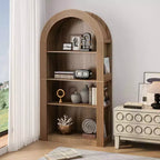 Libreria alta ad arco a 4 ripiani stile Mid-Century, vetrina in legno con ripiani a giorno per ufficio, salotto