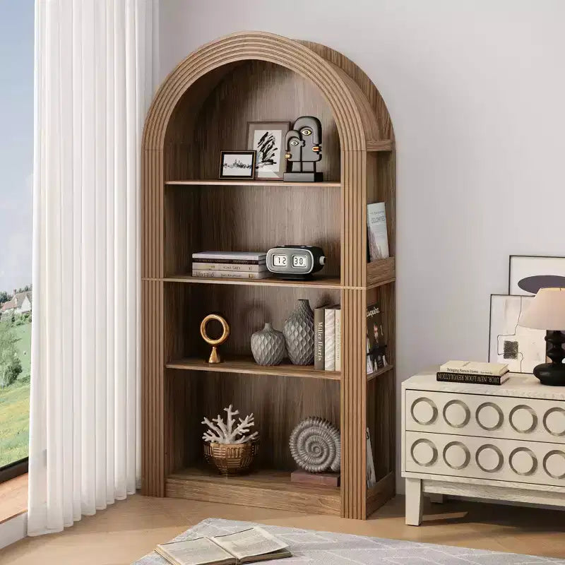 Libreria alta ad arco a 4 ripiani stile Mid-Century, vetrina in legno con ripiani a giorno per ufficio, salotto