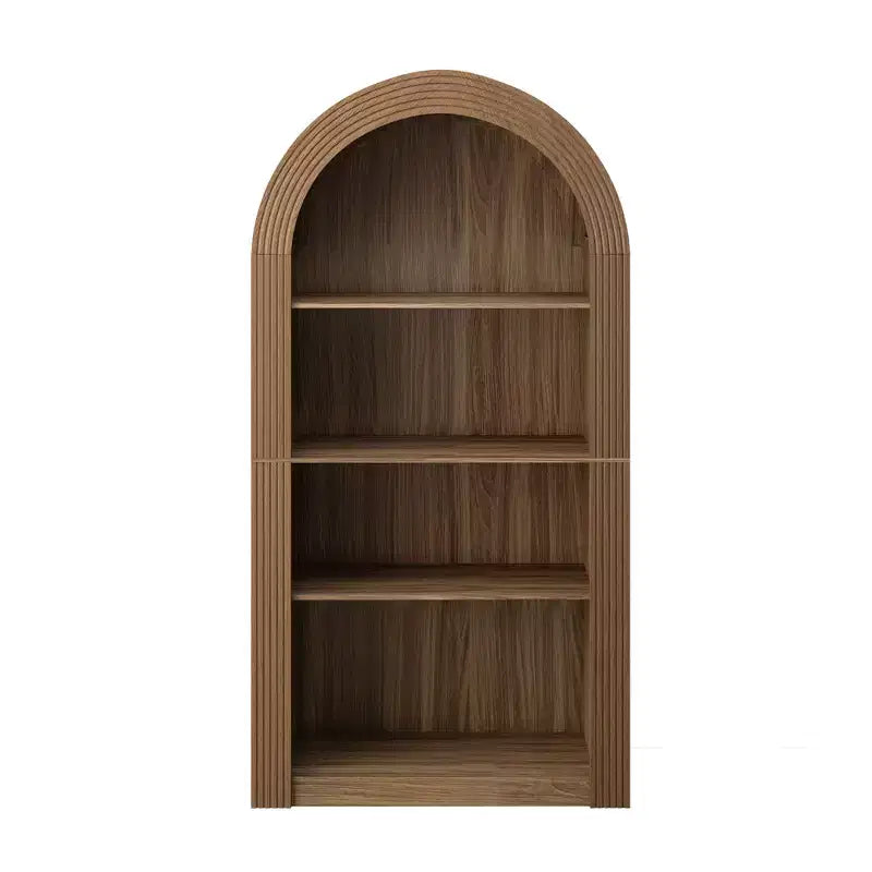 Libreria alta ad arco a 4 ripiani stile Mid-Century, vetrina in legno con ripiani a giorno per ufficio, salotto