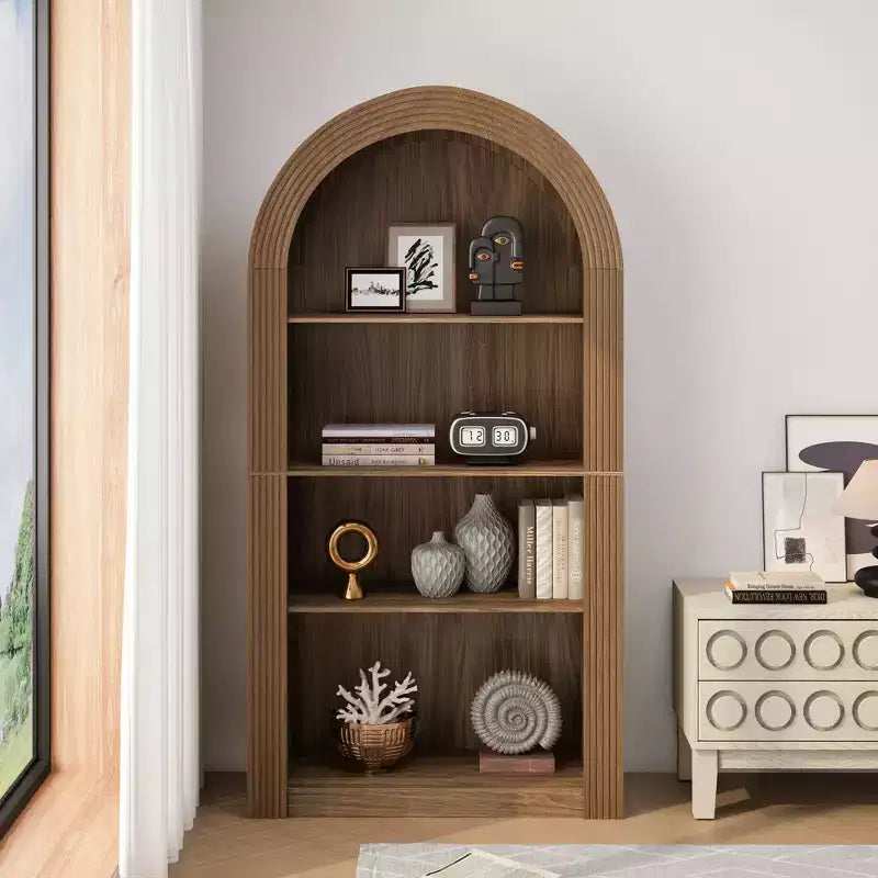 Libreria alta ad arco a 4 ripiani stile Mid-Century, vetrina in legno con ripiani a giorno per ufficio, salotto