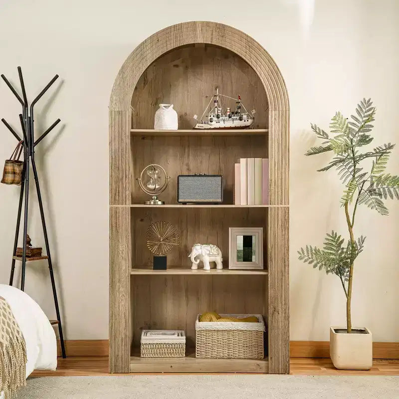 Libreria alta ad arco a 4 ripiani stile Mid-Century, vetrina in legno con ripiani a giorno per ufficio, salotto