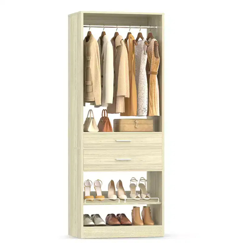 25-Organizzatore per armadio con cassetti in legno e scarpiera, sistema armadio autoportante con aste appendiabiti
