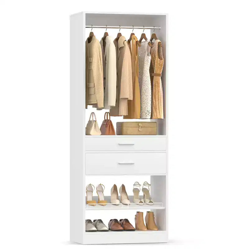 25-Organizzatore per armadio con cassetti in legno e scarpiera, sistema armadio autoportante con aste appendiabiti