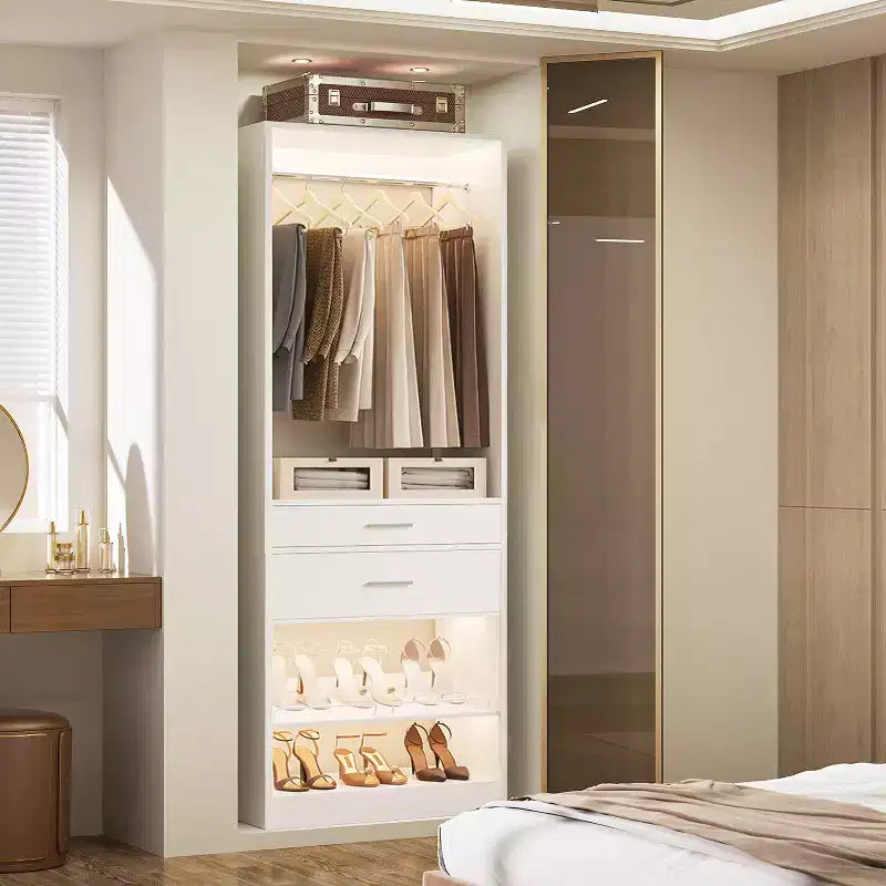25-Organizzatore per armadio con cassetti in legno e scarpiera, sistema armadio autoportante con aste appendiabiti
