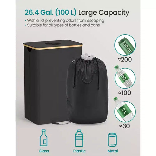 Pattumiera per la Raccolta Differenziata da 100 Litri per Cucina, Contenitore per Riciclo Bottiglie con Sacco Interno e Foro di Raccolta, Design Pieghevole per Metallo Plastica Carta Vetro