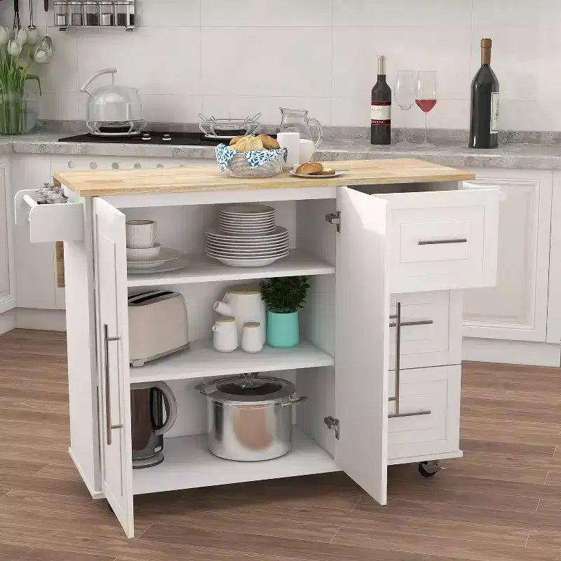Isola da Cucina Bianca, Piano Allungabile in Legno Massello, Porta Spezie, Porta Asciugamani
