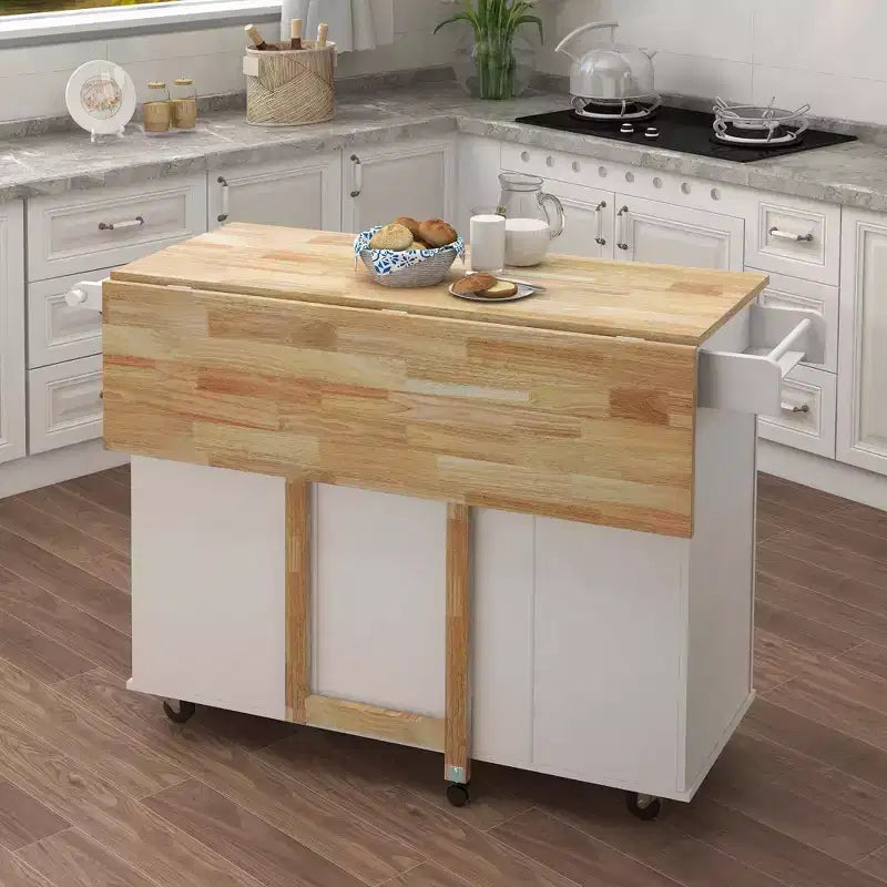 Isola da Cucina Bianca, Piano Allungabile in Legno Massello, Porta Spezie, Porta Asciugamani