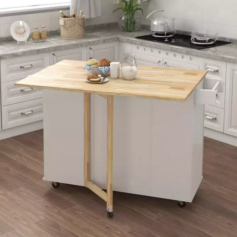 Isola da Cucina Bianca, Piano Allungabile in Legno Massello, Porta Spezie, Porta Asciugamani