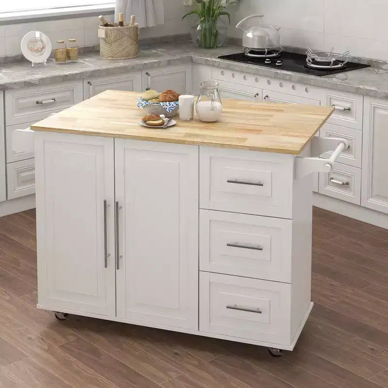 Isola da Cucina Bianca, Piano Allungabile in Legno Massello, Porta Spezie, Porta Asciugamani