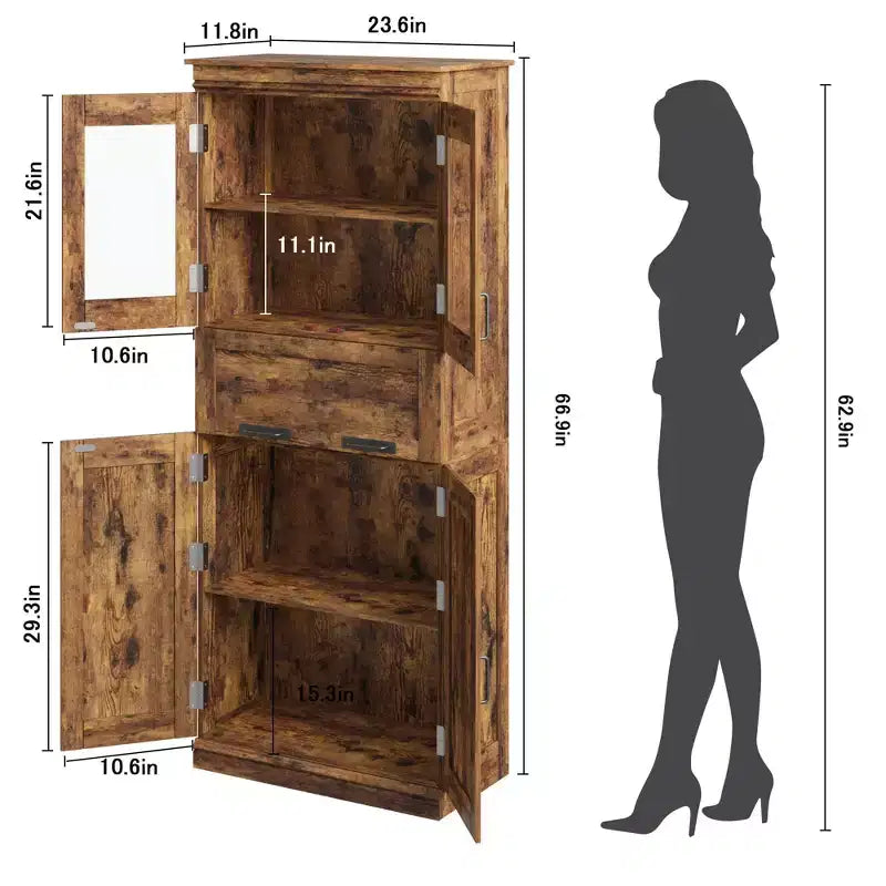 67 Mobile dispensa alto da cucina, armadio contenitore in legno con ante in vetro, mobiletto contenitore per bagno, vetrina per soggiorno cucina