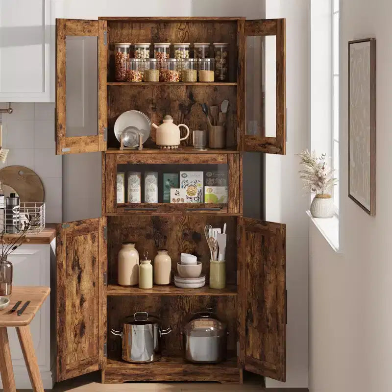 67 Mobile dispensa alto da cucina, armadio contenitore in legno con ante in vetro, mobiletto contenitore per bagno, vetrina per soggiorno cucina