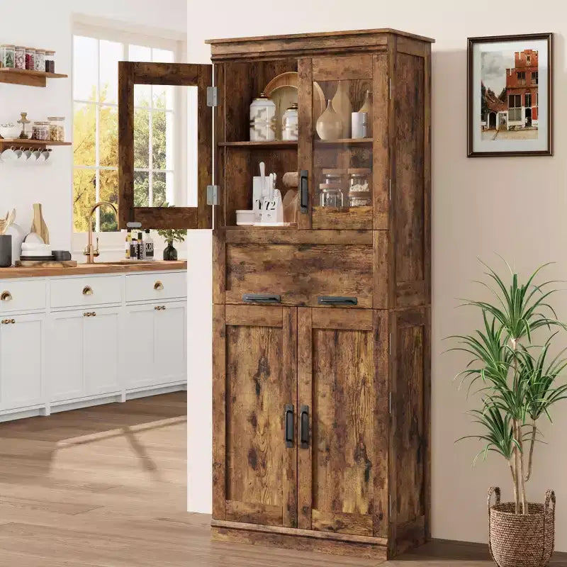 67 Mobile dispensa alto da cucina, armadio contenitore in legno con ante in vetro, mobiletto contenitore per bagno, vetrina per soggiorno cucina