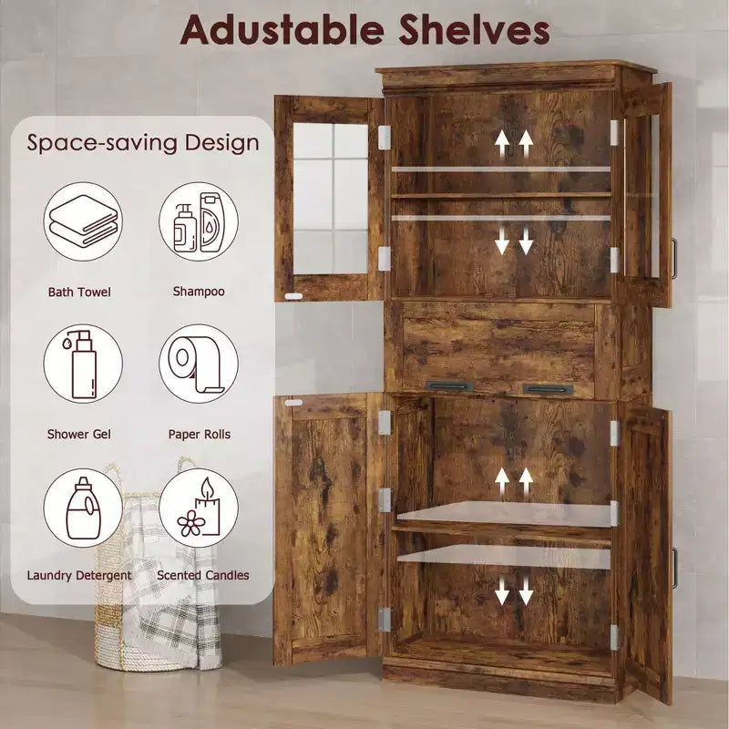 67 Mobile dispensa alto da cucina, armadio contenitore in legno con ante in vetro, mobiletto contenitore per bagno, vetrina per soggiorno cucina