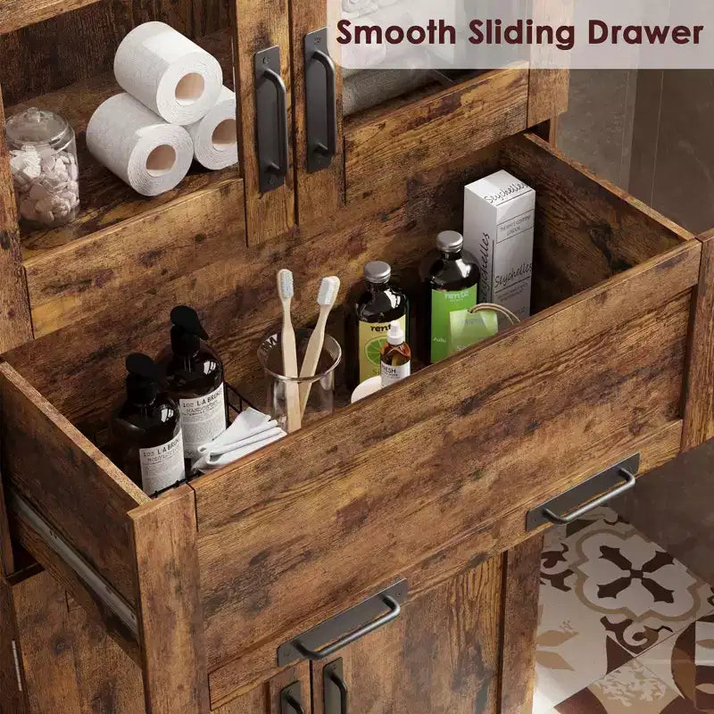 67 Mobile dispensa alto da cucina, armadio contenitore in legno con ante in vetro, mobiletto contenitore per bagno, vetrina per soggiorno cucina