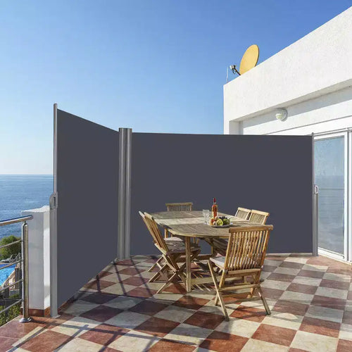 Divisorio a schermo avvolgibile a doppio braccio estensibile per patio, 237x63H cm