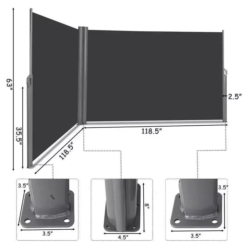 Divisorio a schermo avvolgibile a doppio braccio estensibile per patio, 237x63H cm