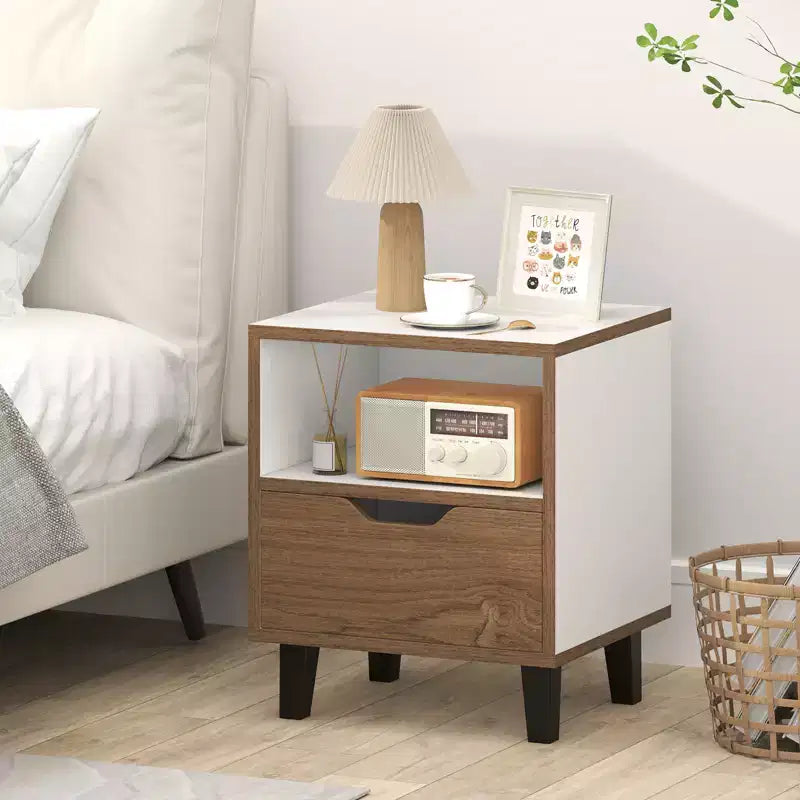 Comodino Tavolino da Notte Moderno di Metà Secolo con Cassetto e Ripiano Aperto