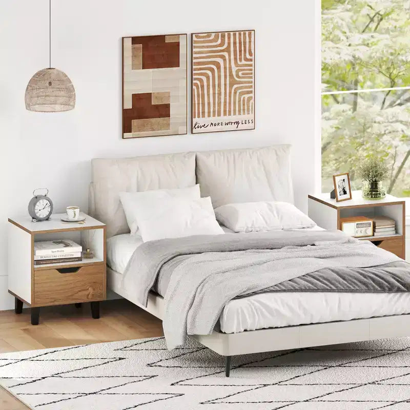 Comodino Tavolino da Notte Moderno di Metà Secolo con Cassetto e Ripiano Aperto