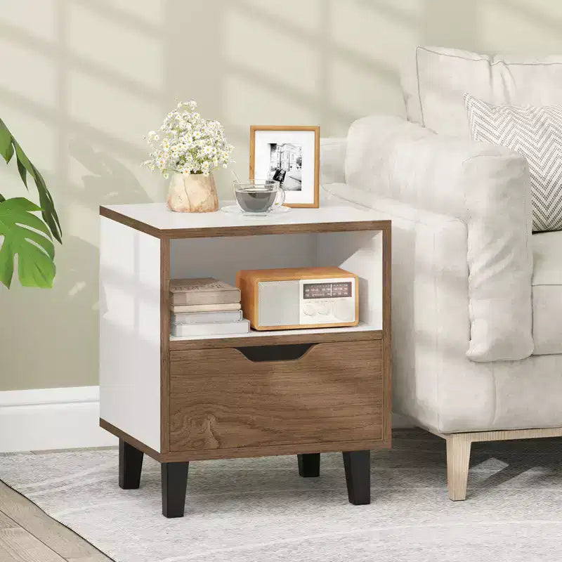 Comodino Tavolino da Notte Moderno di Metà Secolo con Cassetto e Ripiano Aperto
