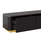 Mobile porta TV scanalato per TV da 85 pollici con base dorata, consolle multimediale moderna con 4 cassetti, centro di intrattenimento con design a profilo curvo
