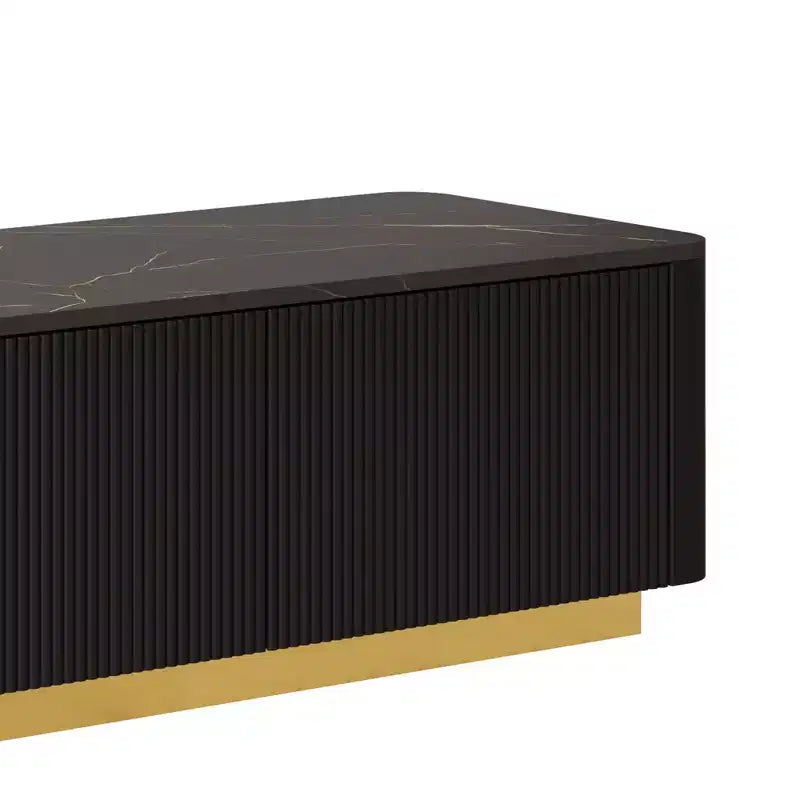 Mobile porta TV scanalato per TV da 85 pollici con base dorata, consolle multimediale moderna con 4 cassetti, centro di intrattenimento con design a profilo curvo