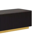 Mobile porta TV scanalato per TV da 85 pollici con base dorata, consolle multimediale moderna con 4 cassetti, centro di intrattenimento con design a profilo curvo