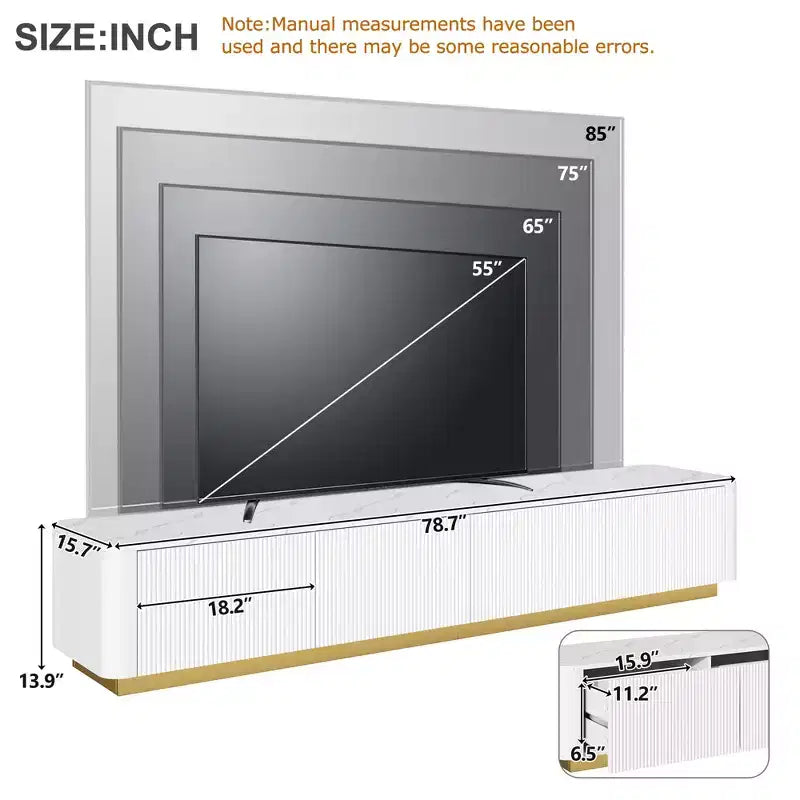 Mobile porta TV scanalato per TV da 85 pollici con base dorata, consolle multimediale moderna con 4 cassetti, centro di intrattenimento con design a profilo curvo