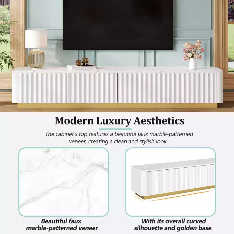 Mobile porta TV scanalato per TV da 85 pollici con base dorata, consolle multimediale moderna con 4 cassetti, centro di intrattenimento con design a profilo curvo