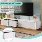 Mobile porta TV scanalato per TV da 85 pollici con base dorata, consolle multimediale moderna con 4 cassetti, centro di intrattenimento con design a profilo curvo