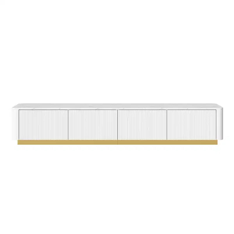 Mobile porta TV scanalato per TV da 85 pollici con base dorata, consolle multimediale moderna con 4 cassetti, centro di intrattenimento con design a profilo curvo