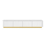 Mobile porta TV scanalato per TV da 85 pollici con base dorata, consolle multimediale moderna con 4 cassetti, centro di intrattenimento con design a profilo curvo
