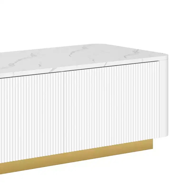 Mobile porta TV scanalato per TV da 85 pollici con base dorata, consolle multimediale moderna con 4 cassetti, centro di intrattenimento con design a profilo curvo