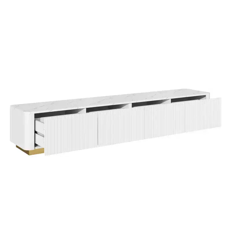 Mobile porta TV scanalato per TV da 85 pollici con base dorata, consolle multimediale moderna con 4 cassetti, centro di intrattenimento con design a profilo curvo