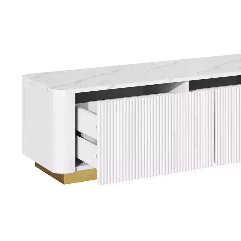 Mobile porta TV scanalato per TV da 85 pollici con base dorata, consolle multimediale moderna con 4 cassetti, centro di intrattenimento con design a profilo curvo