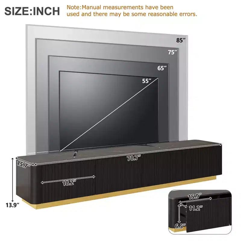 Mobile porta TV scanalato per TV da 85 pollici con base dorata, consolle multimediale moderna con 4 cassetti, centro di intrattenimento con design a profilo curvo