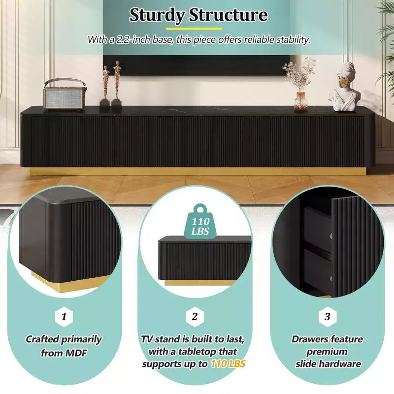 Mobile porta TV scanalato per TV da 85 pollici con base dorata, consolle multimediale moderna con 4 cassetti, centro di intrattenimento con design a profilo curvo