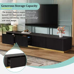 Mobile porta TV scanalato per TV da 85 pollici con base dorata, consolle multimediale moderna con 4 cassetti, centro di intrattenimento con design a profilo curvo