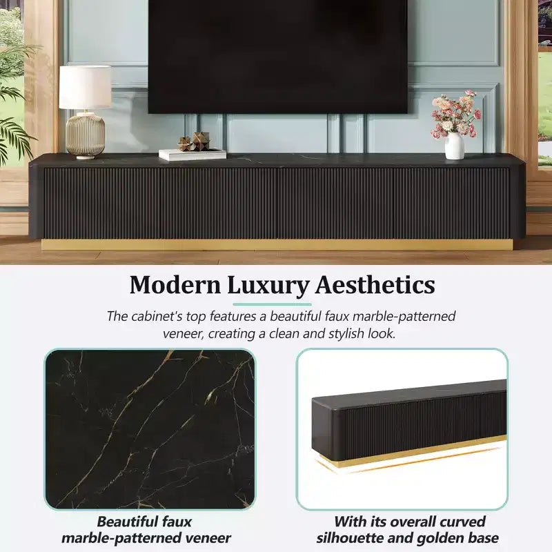Mobile porta TV scanalato per TV da 85 pollici con base dorata, consolle multimediale moderna con 4 cassetti, centro di intrattenimento con design a profilo curvo