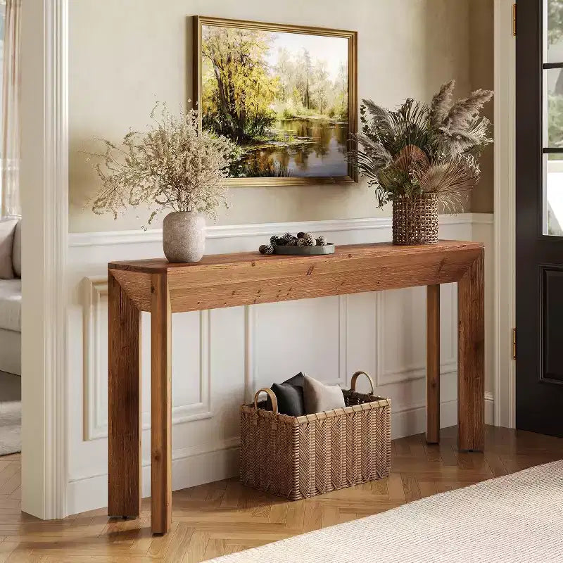 Tavolo Consolle 63" in Legno Massello per Soggiorno, Tavolo d'Ingresso in Stile Rustico con Gambe Svasate Integrate per Corridoio