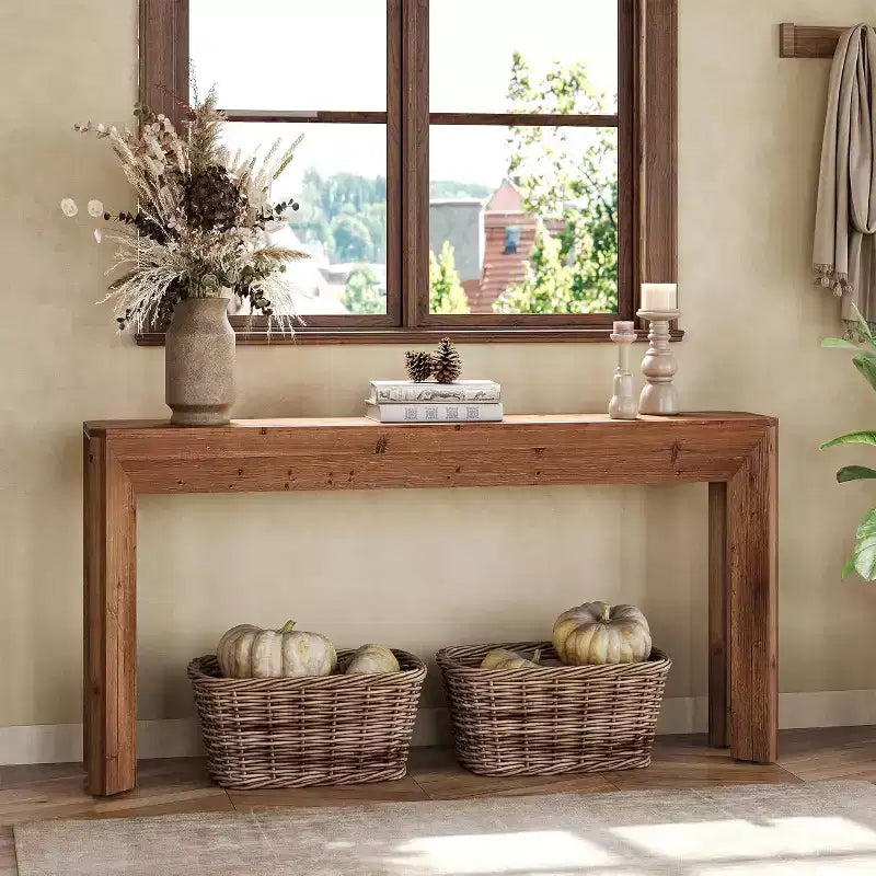 Tavolo Consolle 63" in Legno Massello per Soggiorno, Tavolo d'Ingresso in Stile Rustico con Gambe Svasate Integrate per Corridoio