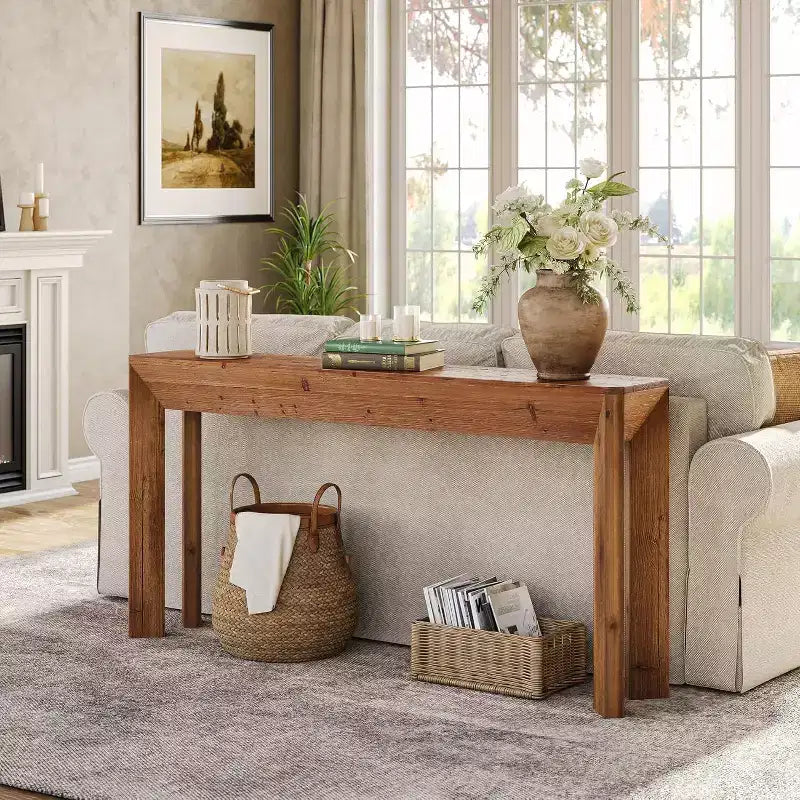 Tavolo Consolle 63" in Legno Massello per Soggiorno, Tavolo d'Ingresso in Stile Rustico con Gambe Svasate Integrate per Corridoio