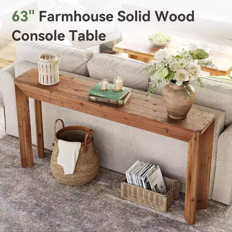Tavolo Consolle 63" in Legno Massello per Soggiorno, Tavolo d'Ingresso in Stile Rustico con Gambe Svasate Integrate per Corridoio